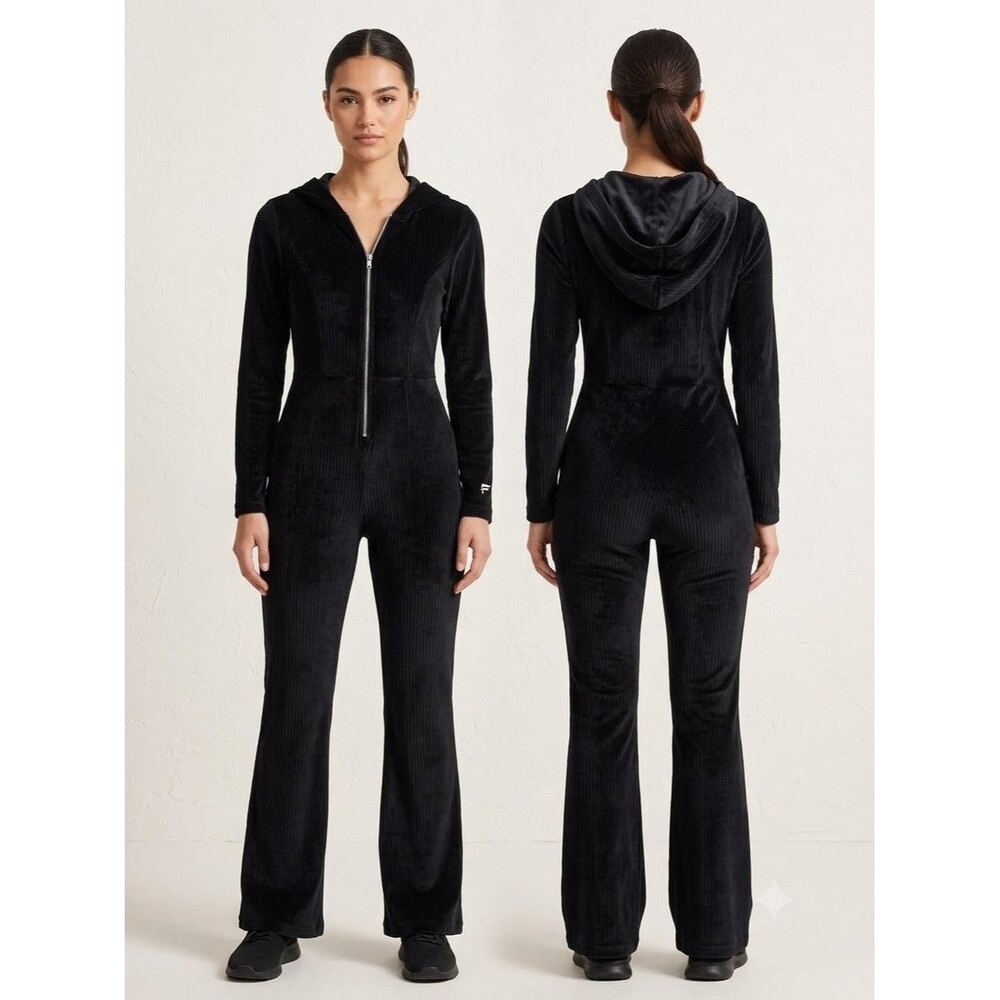 Fabletics Jumpsuit Womens‎ XS Black Velour Hooded Zip Front Flare Leg Athleisure